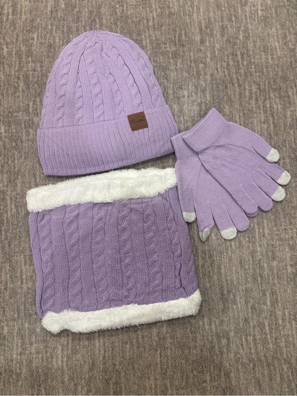 Kids Lavender Knit Hat, Scarf & Touchscreen Gloves Set - Unbranded